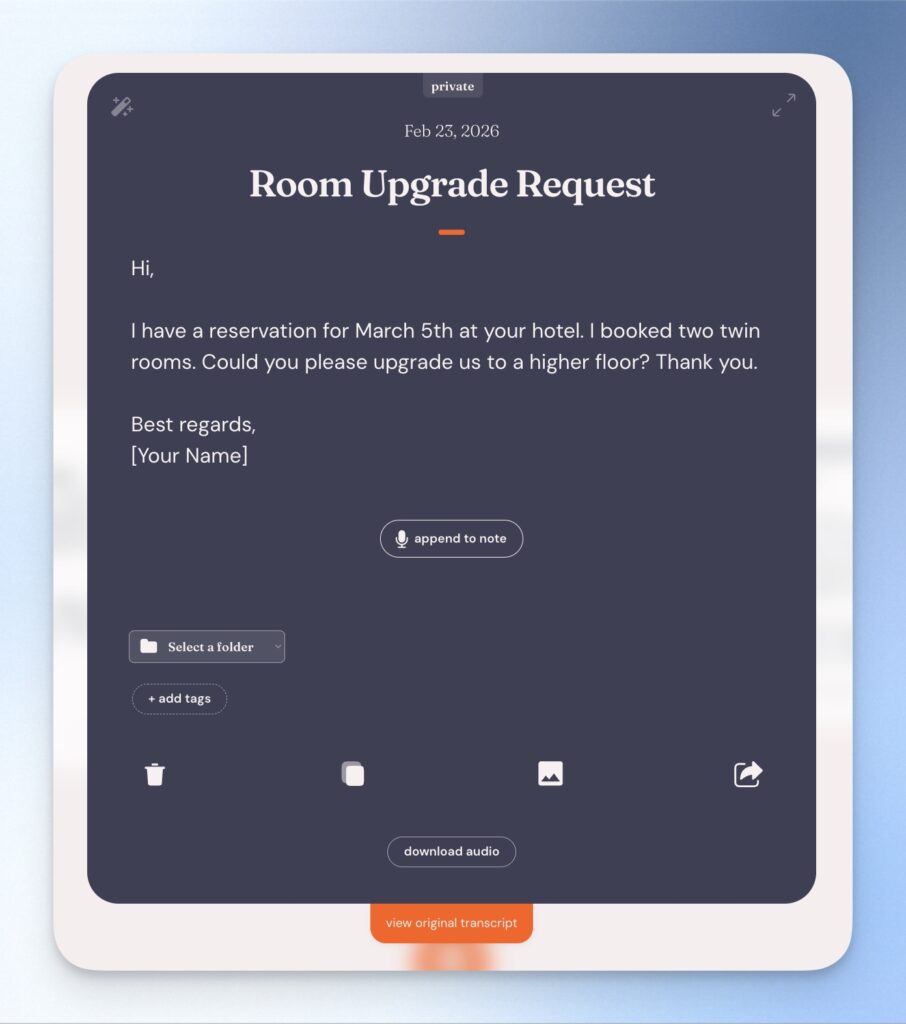 直接使用 AudioPen 將中文內容轉為英文書信