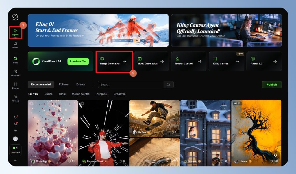 Kling AI Image Generation 功能選單