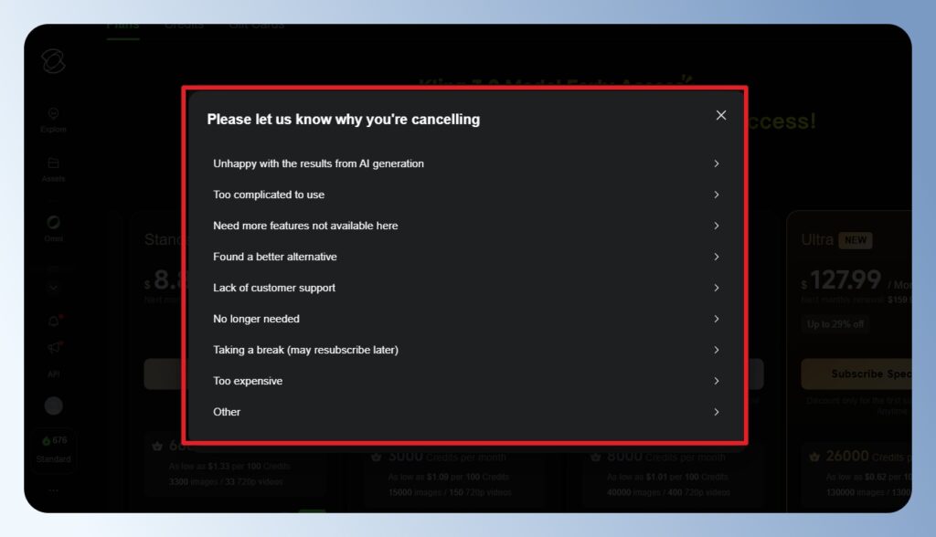 Kling AI 選擇取消訂閱原因