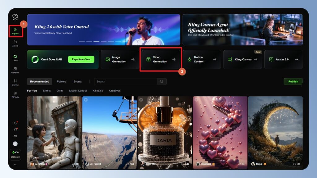 Kling AI Video Generation 功能選單