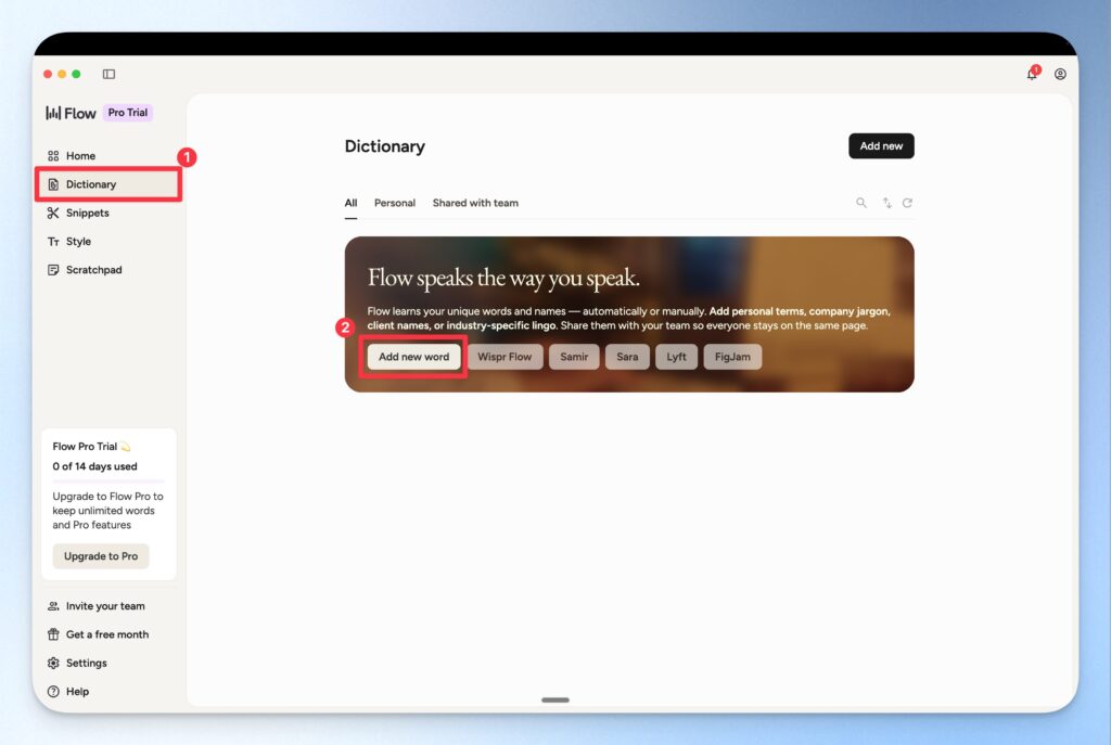 Wispr Flow dictionary 設定