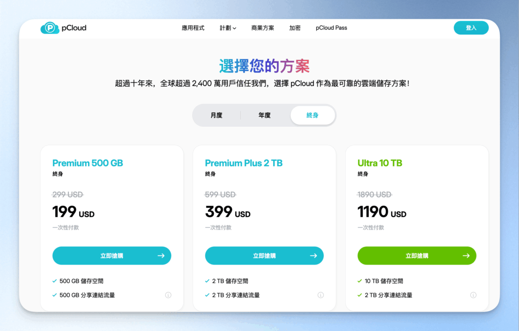 pCloud 終身方案價格